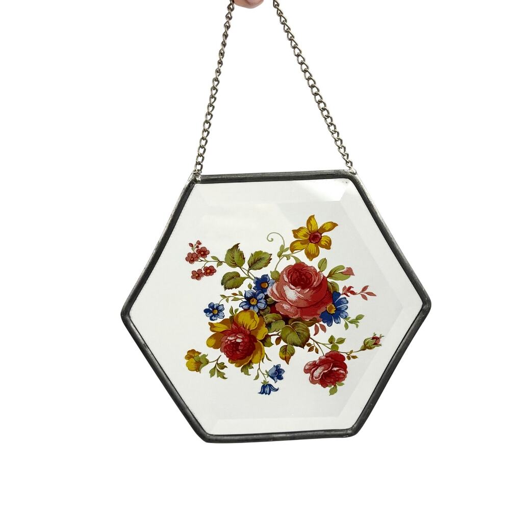 Vintage Hanging Glass Painted Flower Suncatcher